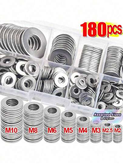 180pcs Stainless Steel Gasket Box, 304 Stainless Steel Flat Washer Combination Screw Washer