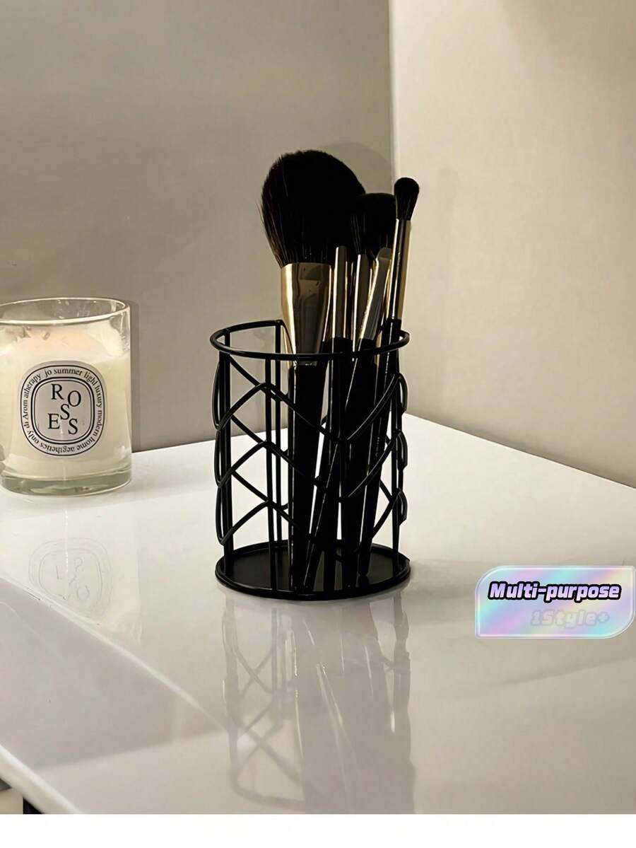 1pc Metal Hollow Pen Holder, Simple Makeup Storage Valentine's Day, Valentines Wedding, Birthday,Room Decor,Room Decor,Home Decor,Bedroom Decor,Wedding Decor,House Decor,Home Decor Items,Room Decoration Stuff,Room Decor Bedroom,Easter,Storage,Organization And Storage,Bathroom Decor,Bathroom Organizer,Jewelry Organiser,Jelwlry Box, - Black - View 1