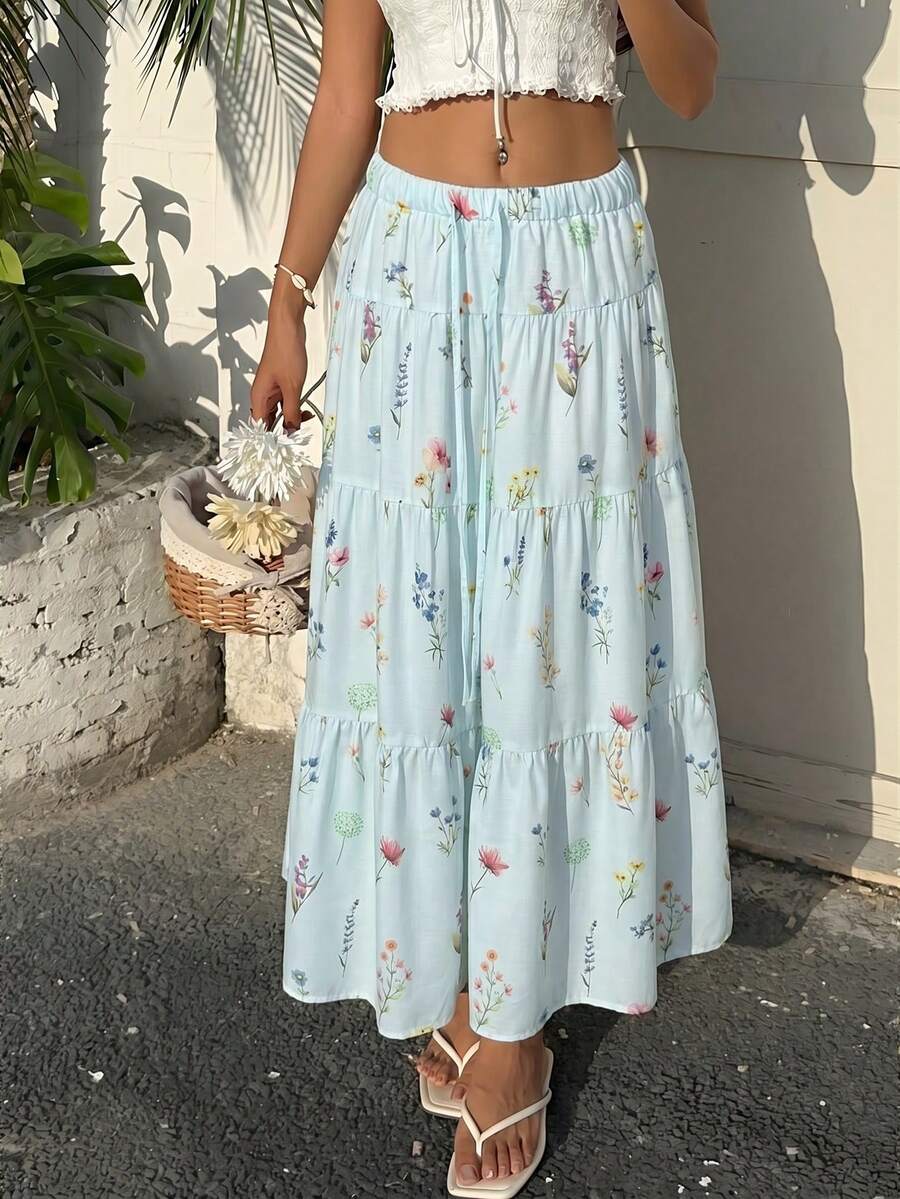 MainGRL 女士蓝色碎花荷叶边抽绳腰休闲半身裙，适合度假穿着 - 藍色 - 查看 1