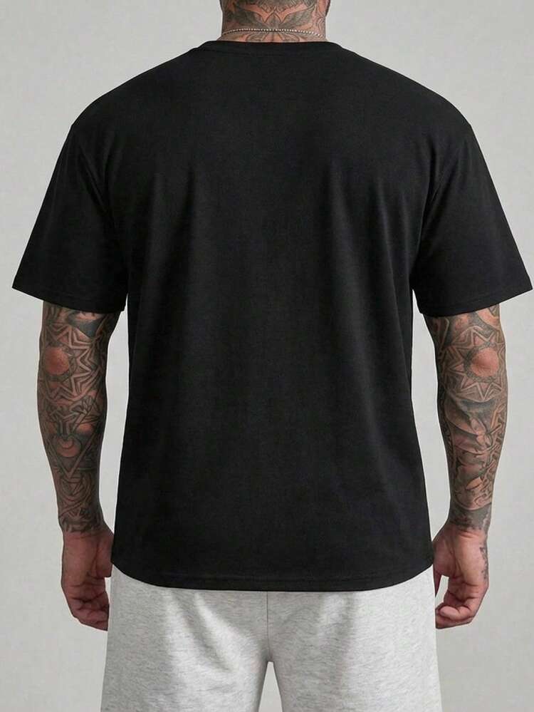 Solid Black Loose Fit Short Sleeve T-Shirt, Plus Size For Men