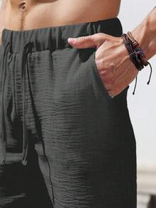 Genlund Men's Versatile Textured Casual Drawstring Waist Pocket Shorts Linen, Holiday - Dark Grey - View 7