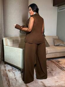 NU&NOW Plus Size Commuter Suit Set With Mesh Patchwork Design - Coffee Brown - View 6