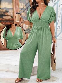 Weeklong Plus Size V-Neck Soft Knit Adjustable Shoulder Jumpsuit With Drawstring Waist, Casual & Comfortable For Outdoor & Holiday - Mint Green - View 6