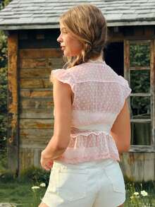 WESTFADE Pink And White Polka Dot,Summer,Modest,Holiday,Picnic,Holiday Dot Chiffon & Lace V Neck Button Front Ruffle Flutter Sleeve Sheer Blouse,Boho,Vacation - Pink - View 2
