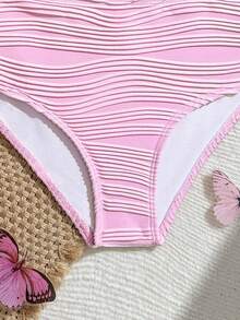 SHEIN Tween Girl Pink Summer Cute Beach Vacation Holiday Bikini Set,3 Pieces Textured Shell Decor Strapless Top,High-Waisted Briefs & Mesh Skirt Swimwear - Pink - View 5