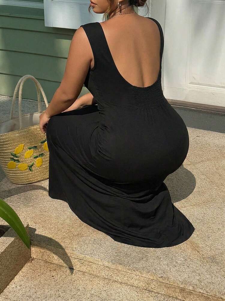 Dazy Plus Plus Size Women's Solid Color Wrap V-Neck Backless Maxi Dress, Blogger Casual Long Dress For Spring & Summer