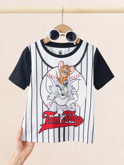 TOM & JERRY X SHEIN Camiseta de manga corta de cuello redondo con estampado de rayas y parches de dibujos animados para niño, informal, de verano