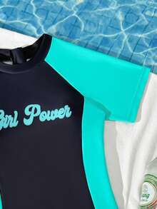 SHEIN Girls' Colorblock Zipper Back Raglan Sleeve One-Piece Swimsuit,Kids Rash Guard,Blue,Summer,Casual,Beach,Holiday Surfing Sports Pool Vacation Swimwear - Black - View 3