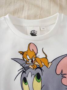 TOM & JERRY X SHEIN 男童卡通字母印花撞色短袖T恤和裤子睡衣套装，适合春、夏、秋季穿着。 - 藏蓝色 - 查看 3