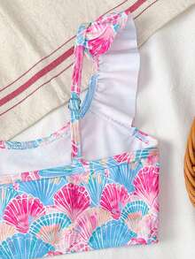 SHEIN Young Girl Summer Beach Shell Print Ruffle Trim Bikini Set - Blue - View 3