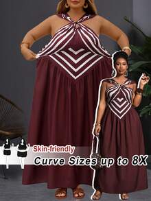 SHEIN CURVE+ 大码女士度假条纹荷叶边口袋无袖连衣裙 - 彩色 - 查看 1