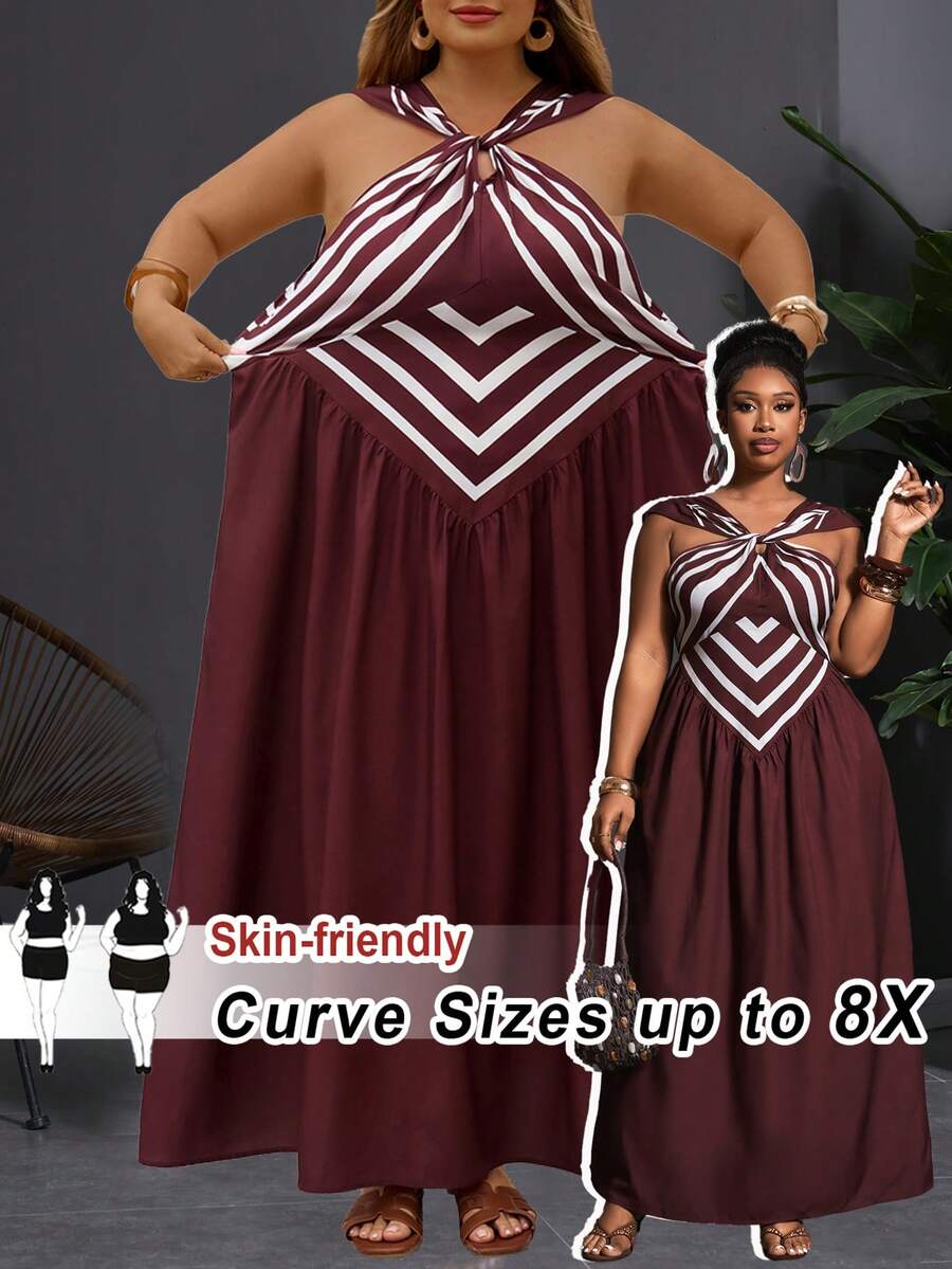 SHEIN CURVE+ 大码女士度假条纹荷叶边口袋无袖连衣裙 - 彩色 - 查看 1
