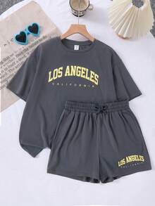 SHEIN Bộ đồ thể thao thường ngày dành cho nữ tuổi teen, áo thun tay ngắn dáng rộng màu xám in chữ tương phản và quần short. - Xám - Xem 7