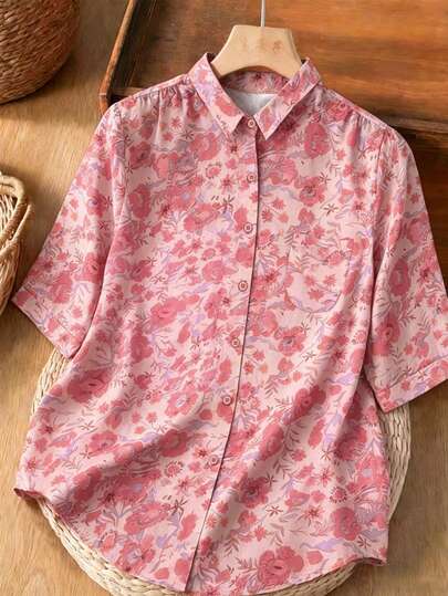 EMERY ROSE 2026 Plus Size Women's Spring/Summer New Arrival: Fresh Floral Print Fashionable Casual Versatile Yellow-Green Short-Sleeve Collared Shirt Perfect For Spring And Summer Outfits