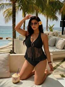 Auralis Plus Size Solid Color Tankini Swimwear Set - Black - View 7