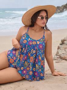 Swim Lushoire 新款加大码女士吊带泳衣套装，花卉印花高腰褶皱设计两件式泳衣 - 藍色 - 查看 6