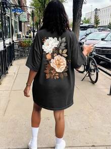 DrmWander Plus Size Summer Casual Floral Print T-Shirt - Dark Grey - View 3