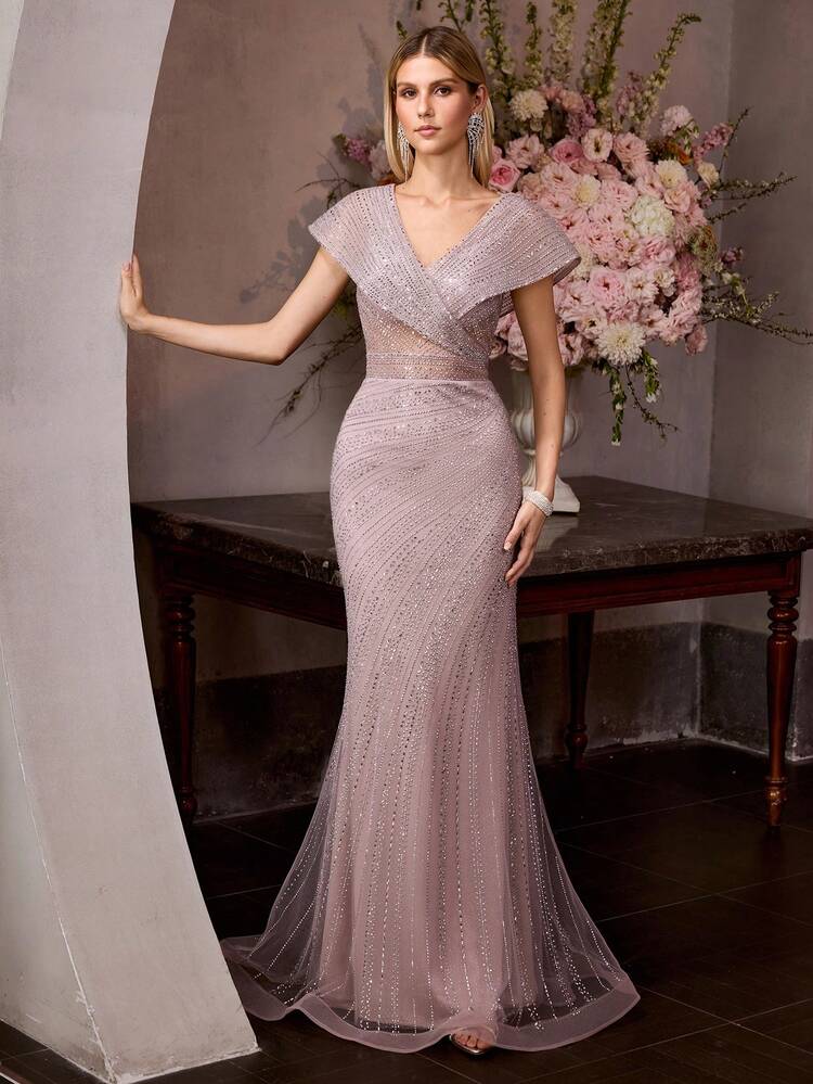 MOTF Soiréza ELEGANT WOMEN'S OVERLAPPING V-NECK MAXI PARTY GOWN | ALL-OVER LUXURY RHINESTONE EMBELLISHMENTS , CROSSED V-NECK UPPER BODICE WITH MERMAID SILHOUETTE, PERFECT FOR SPRING WEDDINGS, GARDEN PARTIES, EVENING GALAS, FORMAL DINNERS, PROM NIGHTS, OUTDOOR WOODLAND CELEBRATIONS & ELEGANT BIRTHDAY BASHES