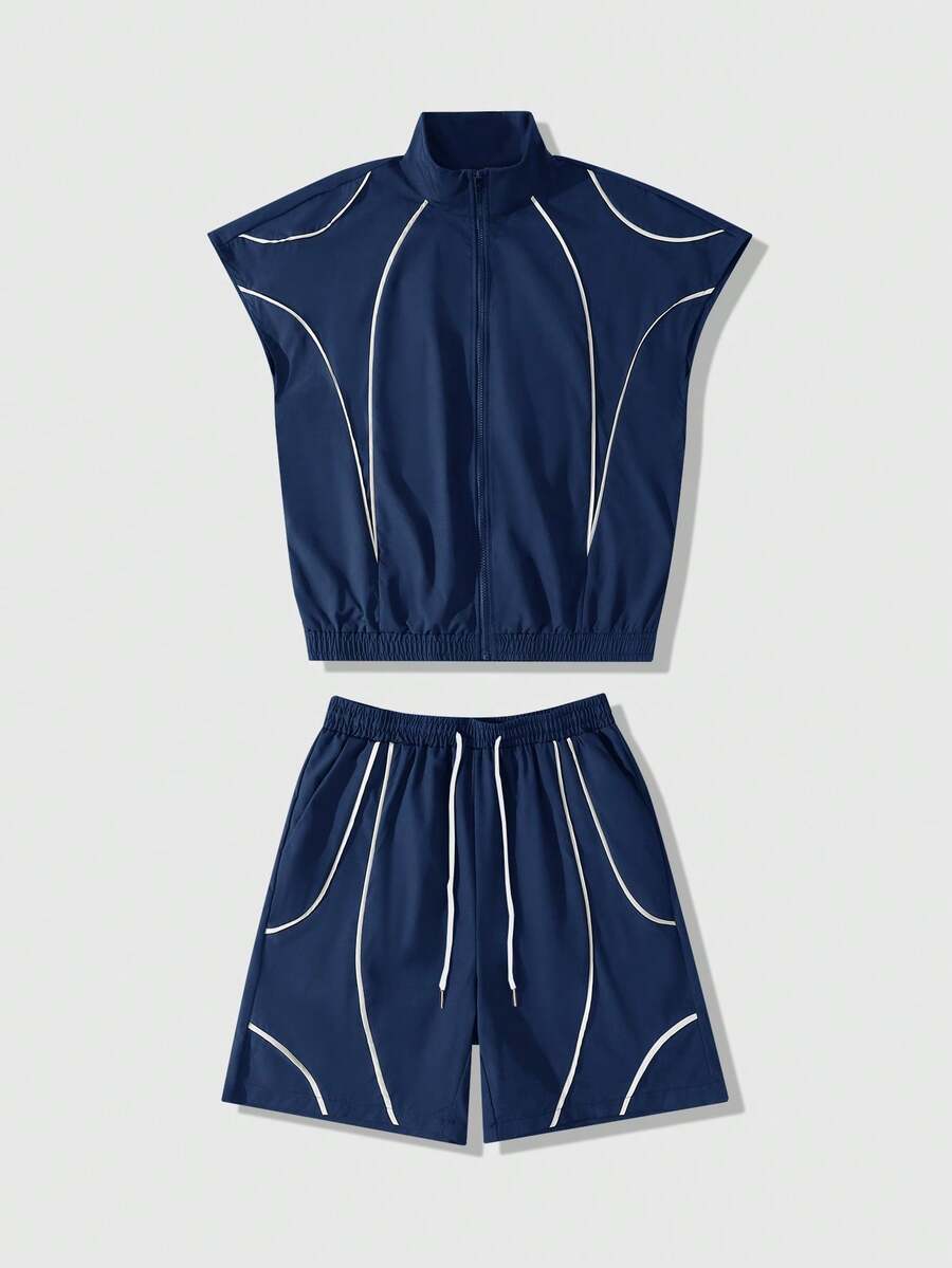 ROMWE MEN Men's Striped Contrast Color Zipper Vest And Casual Drawstring Waist Shorts Set - Navy Blue - View 1