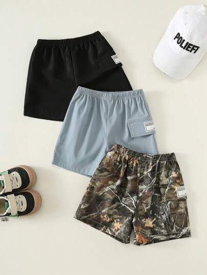 SHEIN 3pcs Baby Boy Summer Casual Street Camo & Solid Color Cargo Shorts, Toddler Boys Shorts Set