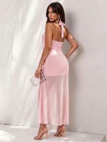 SHEIN Glamour 女士纯色3D立体花卉装饰优雅吊带连衣裙 - 淺粉色 - 查看 2