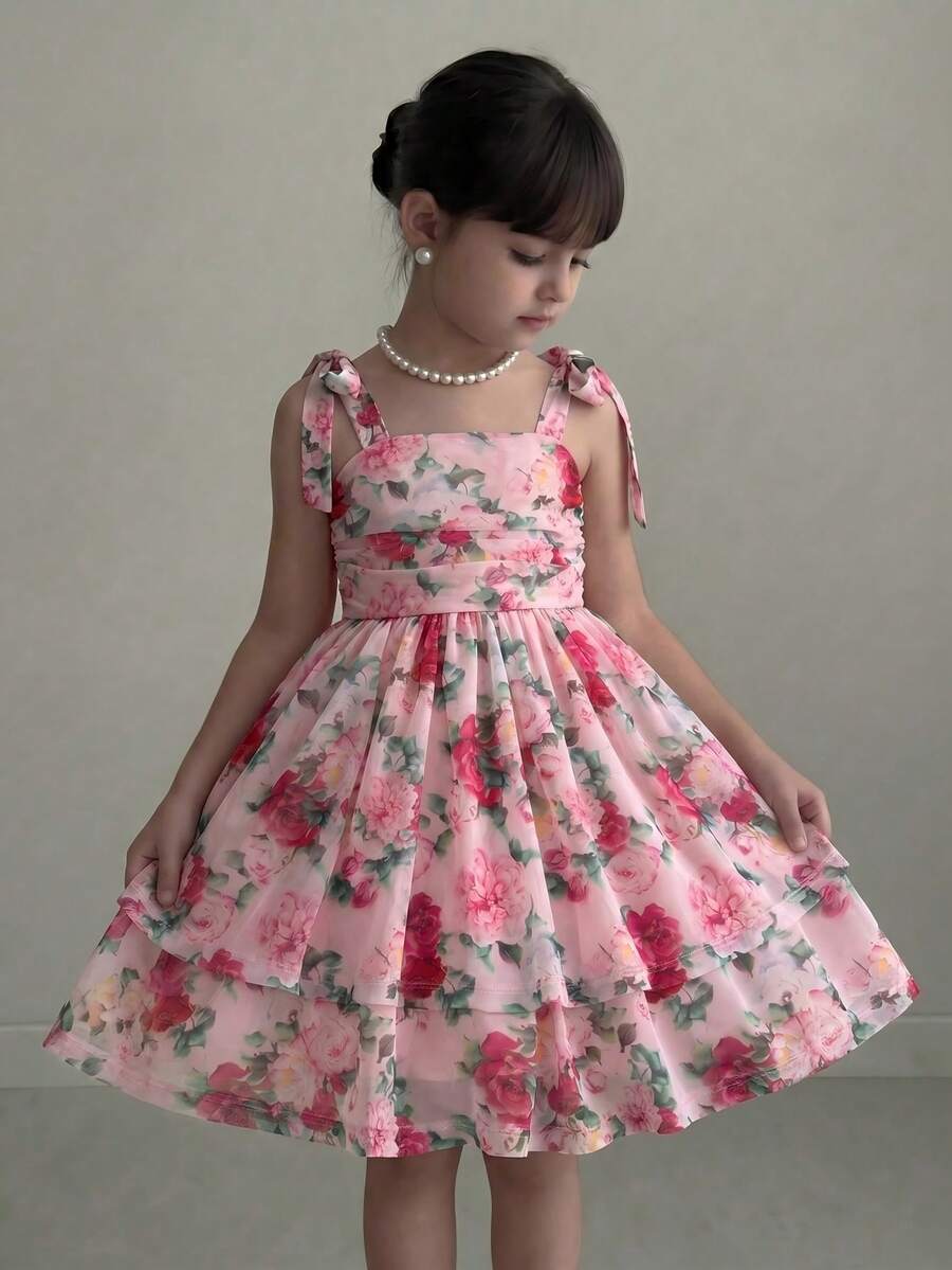 Đầm mùa hè cho bé gái, in hoa, buộc dây vai, eo nhún, dáng xòe, thích hợp đi biển. - Nhiều màu - Xem 1
