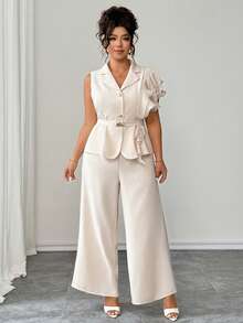 Elenzga Plus Size Women Summer Elegant 2-Piece Suit Set,White,Autumn,Basic,Office,Apricot & Champagne Ruffle One-Shoulder Jacket & Wide Leg Pants  Waist Belt - Apricot - View 7