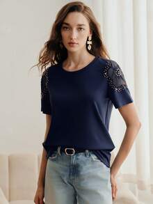 Anewsta Kaos Wanita Lengan Pendek Model Pas Badan dengan Kerah Bulat, Hiasan Manik-manik dan Jala Berongga, Desain Bahu Terbuka, Warna Polos - Navy Blue - View 2