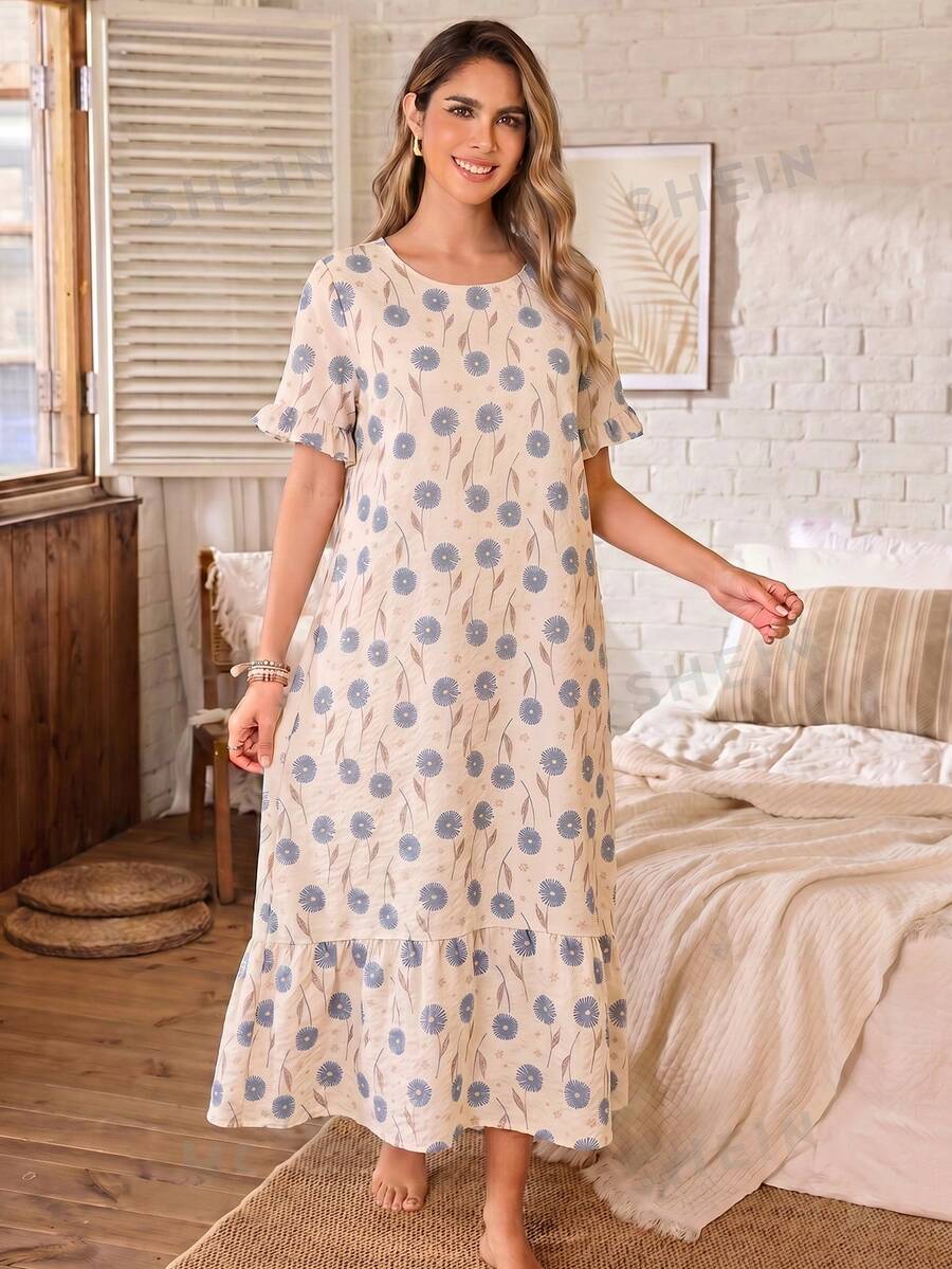 Serenescape Women's Casual Vacation Floral Print Patchwork Ruffle Hem Long Nightgown - Apricot - View 1