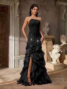 Aureia Women's Elegant Black Luxury 3D Beaded Sequins Mermaid Dress,High Waist Asymmetrical Exaggerated Ruffled Hem Side Slit Formal Evening Gown - Black - View 7