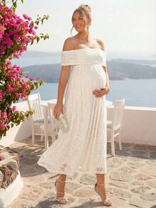 Loomaby Vestido minimalista de uso diario con hombros descubiertos, de unicolor y con aplicaciones de encaje para embarazadas - Caqui - Ver 3