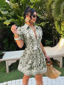 SHEIN SXY Đầm chữ A in họa tiết nhiệt đới phong cách bohemian thường ngày cho kỳ nghỉ - màu xanh lá - Xem 4