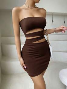 SHEIN ChicEase Sexy Solid Color Hollow Out Fitted Mini Dress, Summer - Brown - View 3