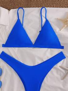 SHEIN Swim Baju Renang Plain Lucu - Royal Blue - View 5