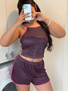 ZzzCrew Set Piyama Camisole & Celana Pendek Motif Garis-garis Berongga Ukuran Besar - MultiWarna - View 6
