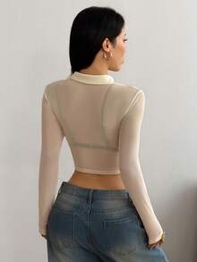 SHEIN EZwear 浅卡其色网眼露脐性感女式上衣 - 杏色 - 查看 7