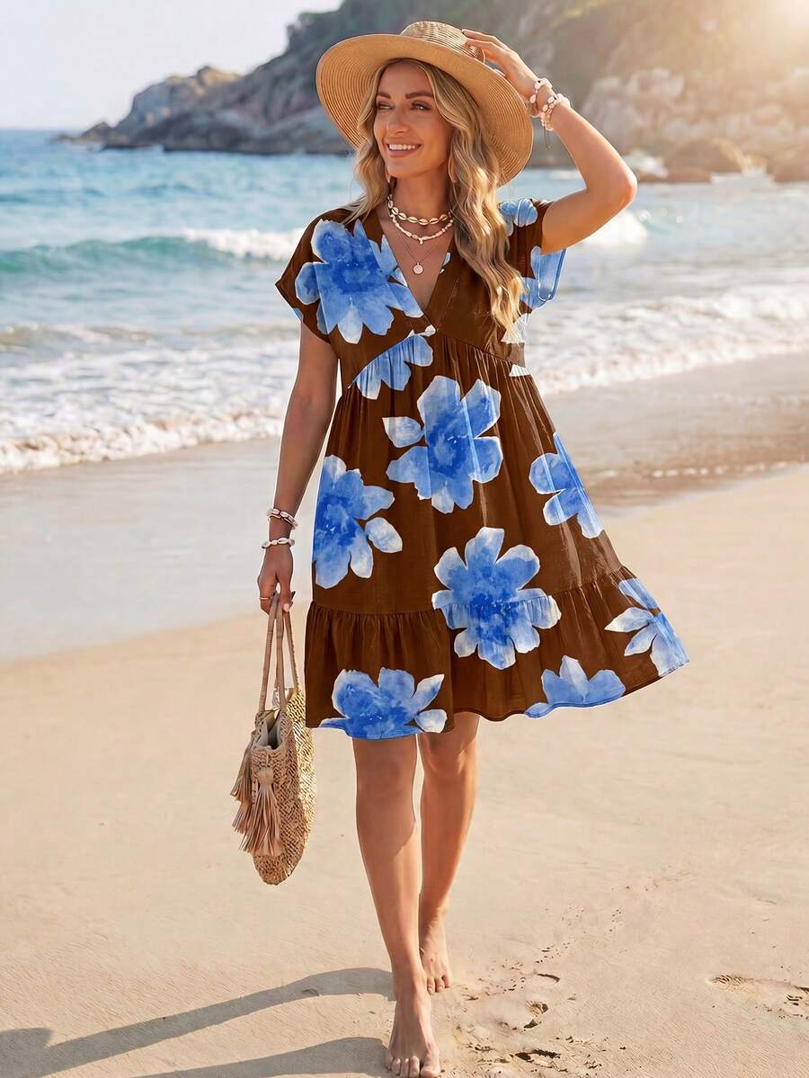 Sylviya Vestido corto casual de fiesta con cuello en V, fruncido y estampado floral para mujer de talla grande - Café integral - Ver 1
