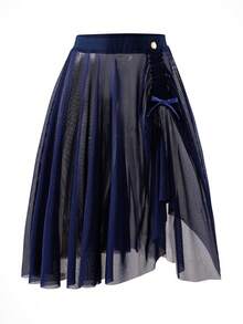 SHEIN Tween女孩運動服 玫瑰紅海軍藍 膝長網紗 可愛 校園 開學穿搭 - 藍色 - 查看 5