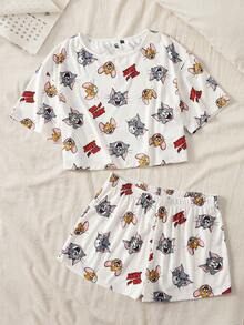 TOM & JERRY X SHEIN Women's Cartoon Print Short Sleeve Top And Shorts Pajama Set - Apricot - View 1