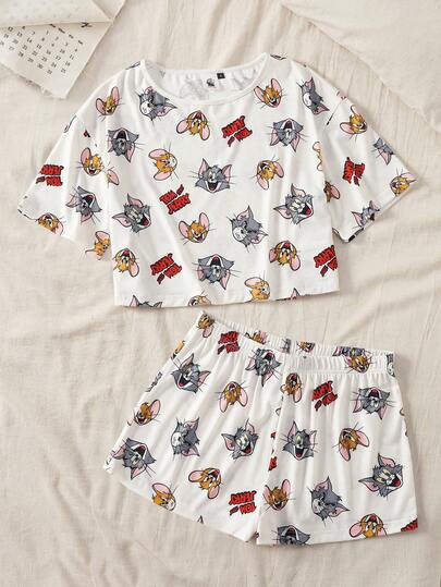 TOM & JERRY X SHEIN Women's Cartoon Print Short Sleeve Top And Shorts Pajama Set