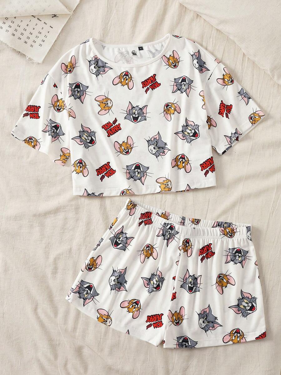 TOM & JERRY X SHEIN Women's Cartoon Print Short Sleeve Top And Shorts Pajama Set - Apricot - View 1