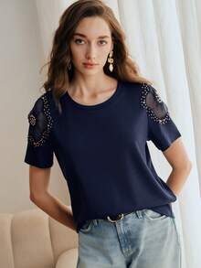Anewsta Kaos Wanita Lengan Pendek Model Pas Badan dengan Kerah Bulat, Hiasan Manik-manik dan Jala Berongga, Desain Bahu Terbuka, Warna Polos - Navy Blue - View 3
