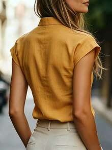 EMERY ROSE Women's Solid Color Mandarin Collar Short Sleeve Half-Placket Casual Blouse, Summer - Yellow - View 2