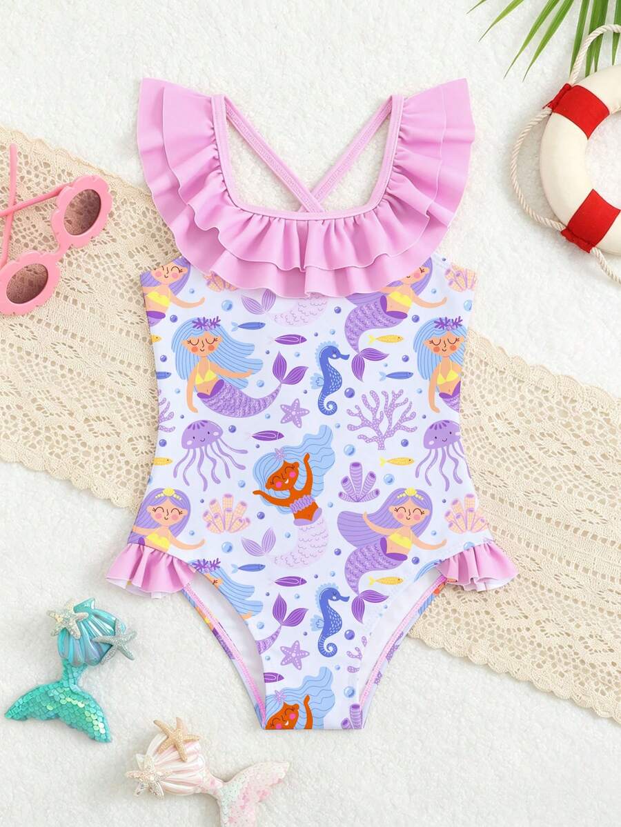 SHEIN New Fashion Girls Swimsuit, All-Over Print Camisole One-Piece Swimwear With Tummy Control - Mauve Purple - View 1