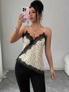 SHEIN Raffinéa 女士优雅度假休闲蕾丝拼接黑色底白色波点吊带背心 - 白色 - 查看 4