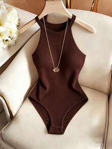 SHEIN Franclia 优雅挂脖连体衣、圆领连体衣、基础款连体衣、休闲连体衣、沙滩连体衣、度假连体衣、户外连体衣、无袖连体衣、夏季连体衣 - 棕色 - 查看 1