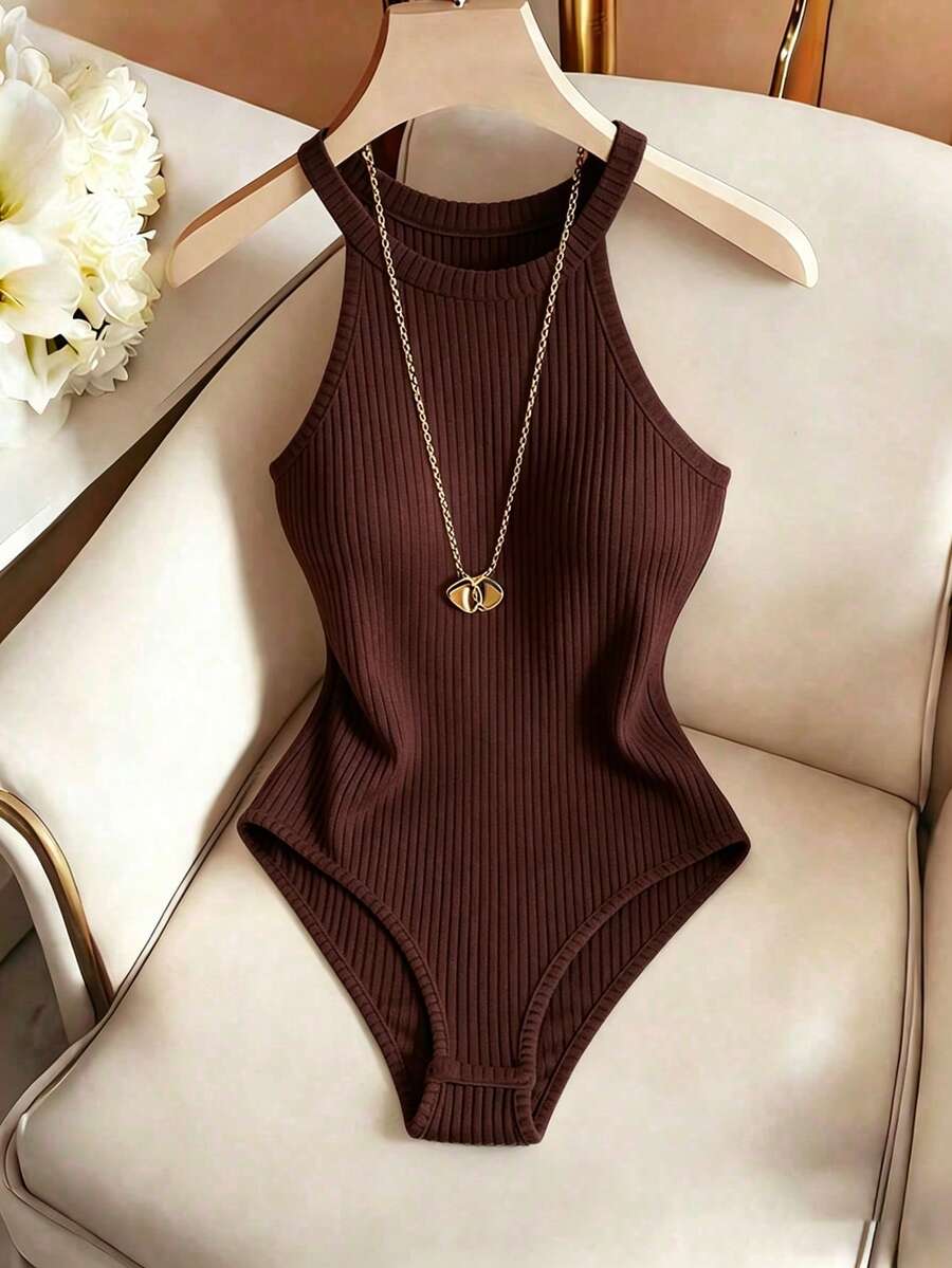 SHEIN Franclia 优雅挂脖连体衣、圆领连体衣、基础款连体衣、休闲连体衣、沙滩连体衣、度假连体衣、户外连体衣、无袖连体衣、夏季连体衣 - 棕色 - 查看 1