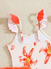 SHEIN Bộ áo tắm liền thân xếp nếp in hoa cho bé gái, kèm áo khoác ngoài và váy. - Màu Cam san hô - Xem 5