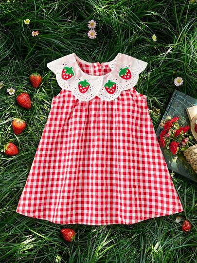 Souflis Souflis Baby Girls' Summer Red Sweet Casual Style Patterned Sleeveless Dress, Suitable For Outings, Daily School, Hangouts With Friends, Birthday Parties, Valentine's Day Outfit