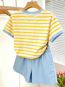2pcs Women's Digital Stripe Short Sleeve T-Shirt & Shorts Set, Summer - White - View 2
